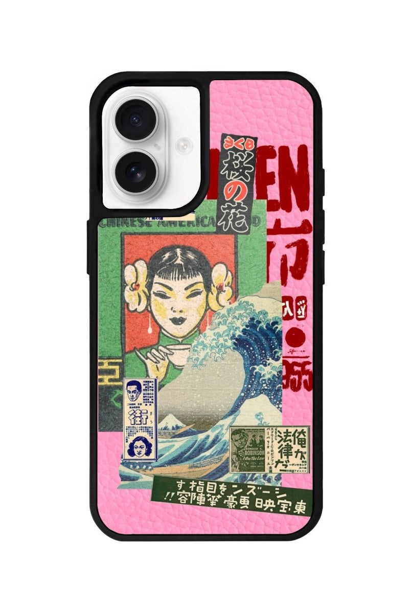 iPhone 16 Vintage Poster Leather Vegan Deri Telefon Kılıfı Pembe - SUMTHINCS