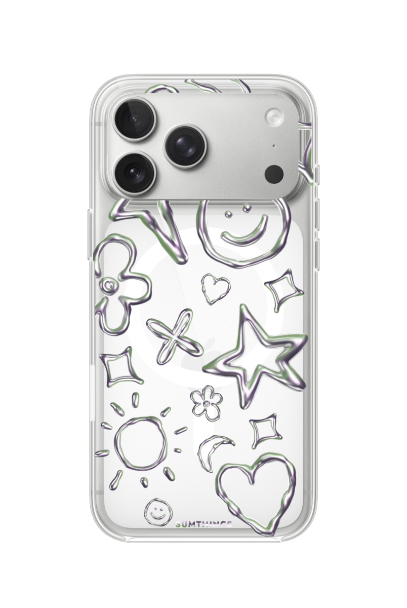 iPhone 17 Pro Silver Doodles Clear Magsafe Şeffaf Telefon Kılıfı - SUMTHINCS