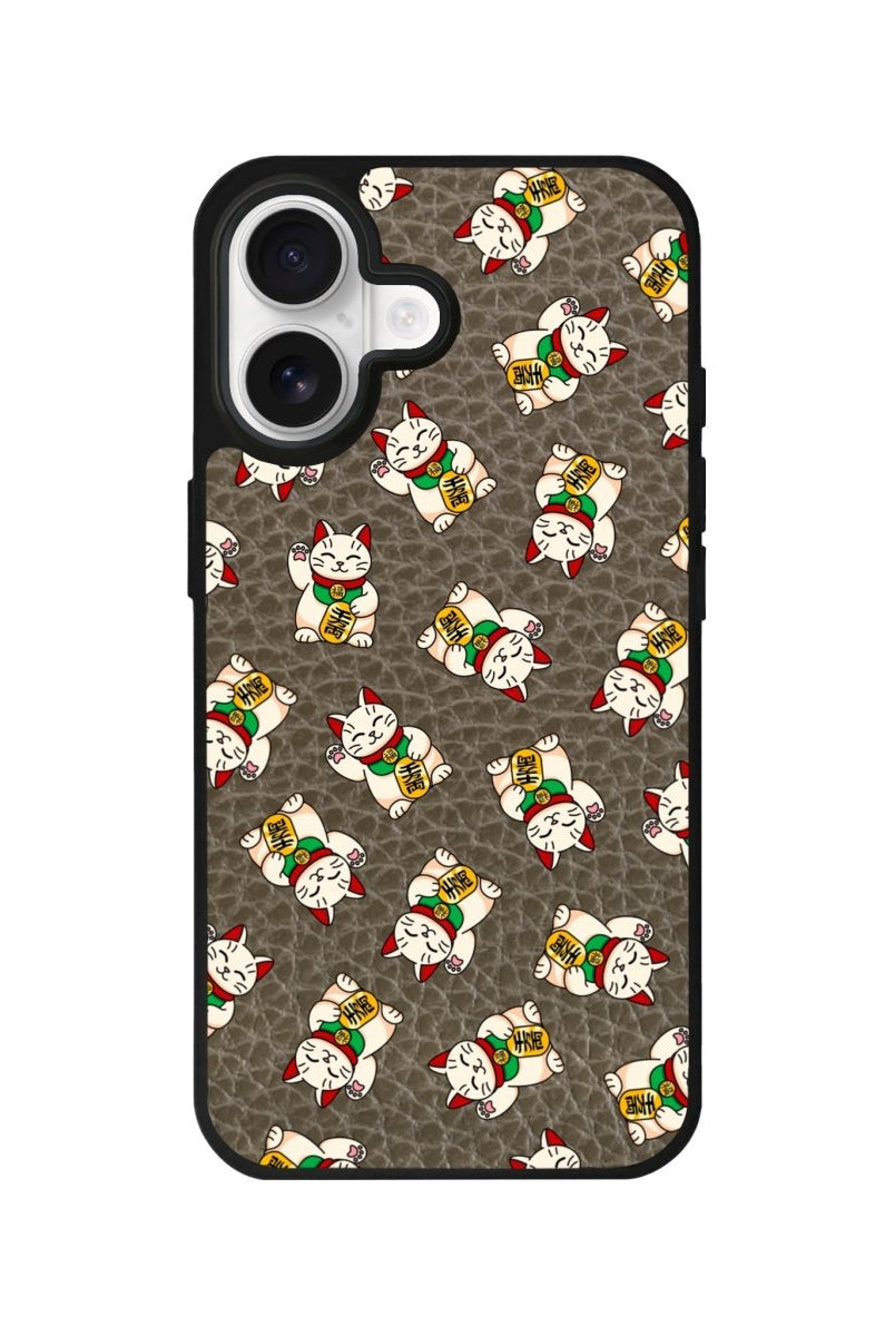iPhone Maneki Neko Leather Deri Telefon Kılıfı Haki - Sumthincs