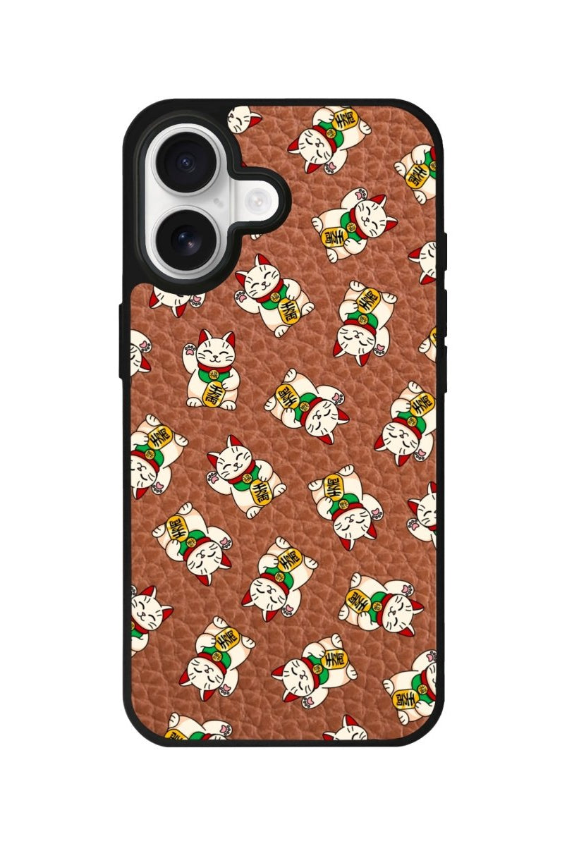 iPhone Maneki Neko Leather Deri Telefon Kılıfı Kahverengi - Sumthincs
