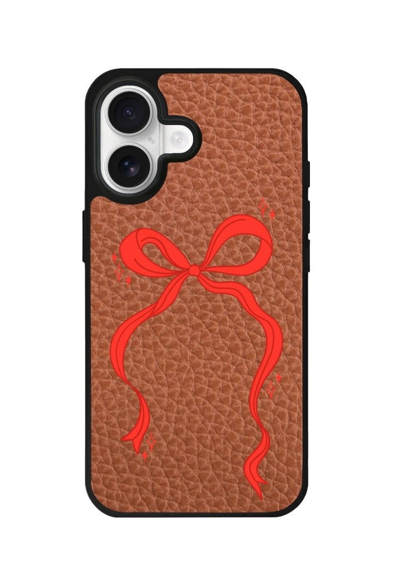 iPhone Red Bow Leather Deri Telefon Kılıfı Kahverengi - Sumthincs