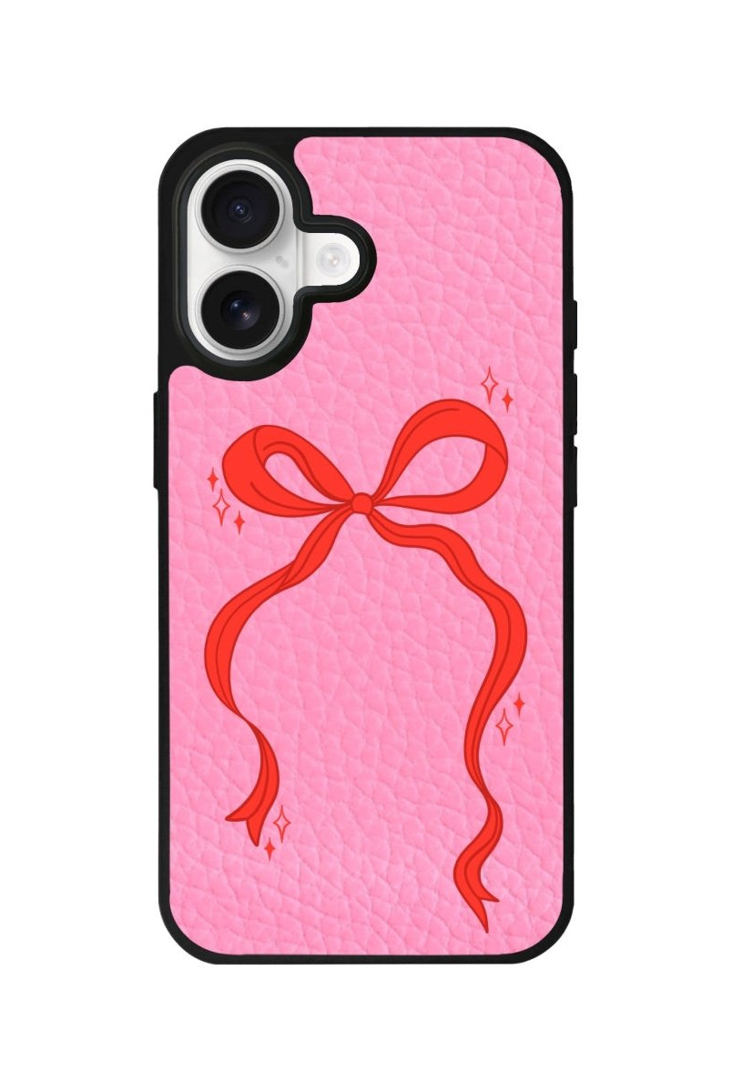 iPhone Red Bow Leather Deri Telefon Kılıfı Pembe - Sumthincs