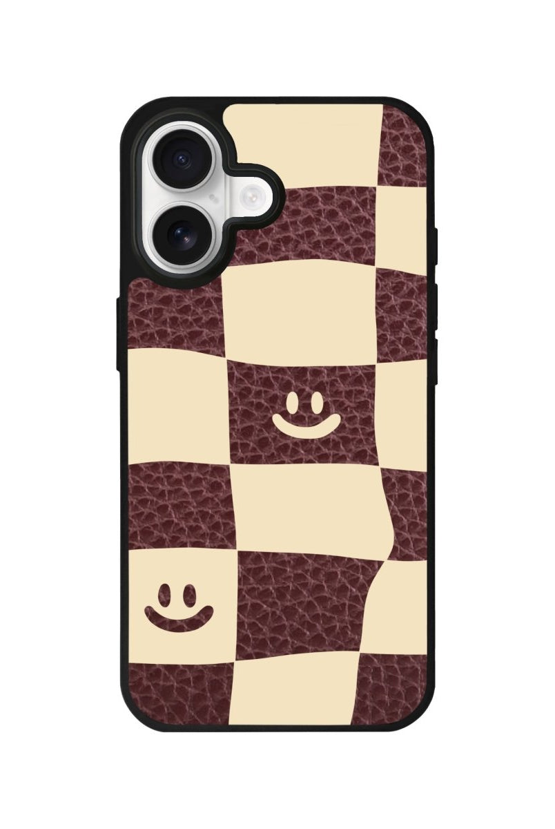 iPhone Smiling Check Leather Deri Telefon Kılıfı Bordo - Sumthincs