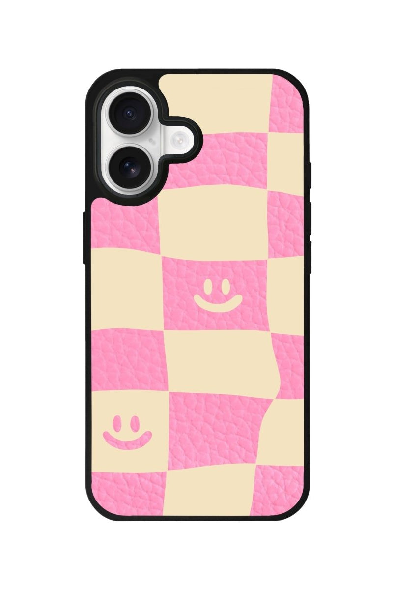 iPhone Smiling Check Leather Deri Telefon Kılıfı Pembe - Sumthincs