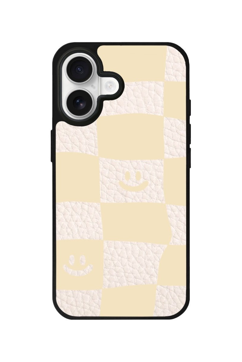 iPhone Smiling Check Leather Deri Telefon Kılıfı Bej - Sumthincs