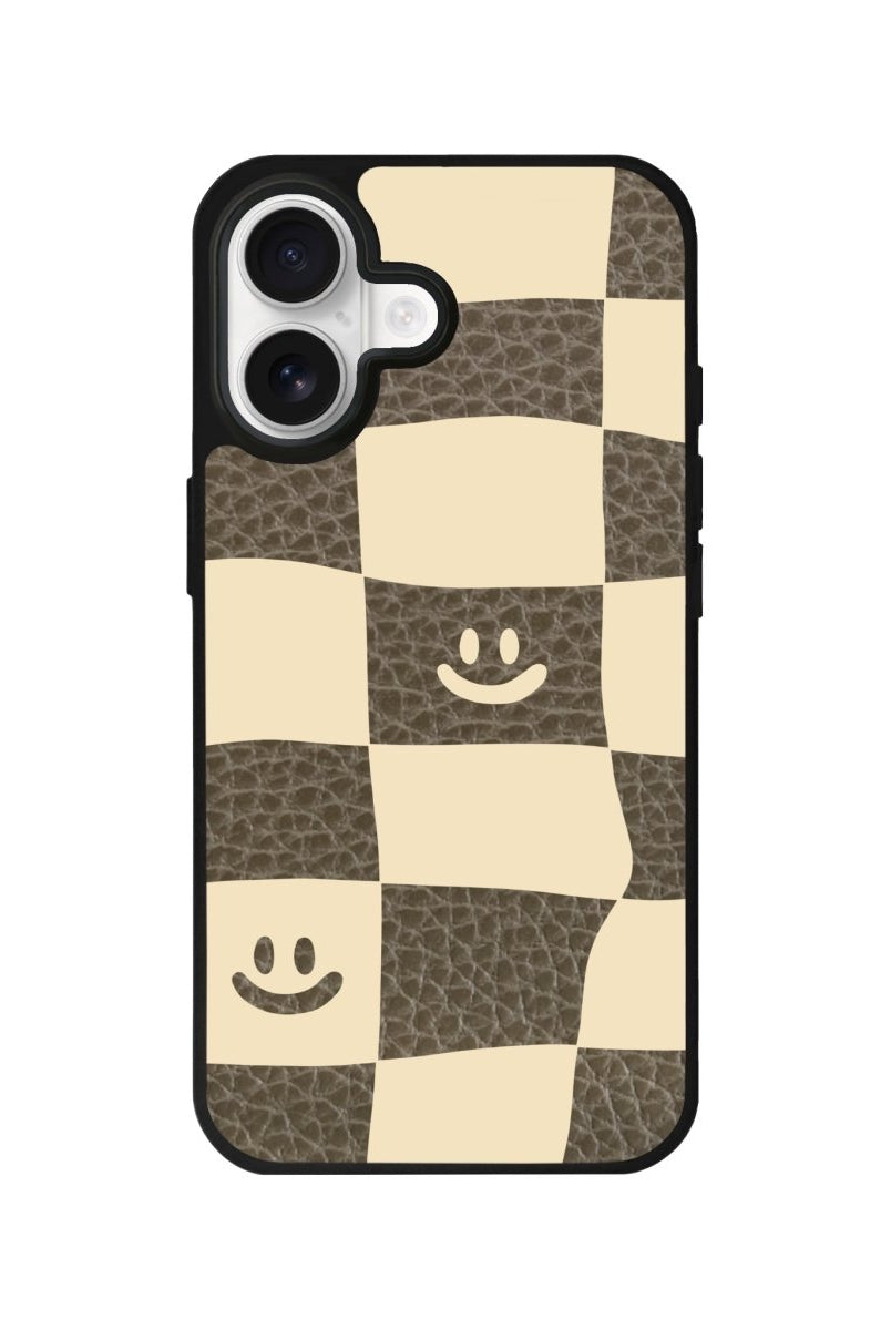 iPhone Smiling Check Leather Deri Telefon Kılıfı Haki - Sumthincs