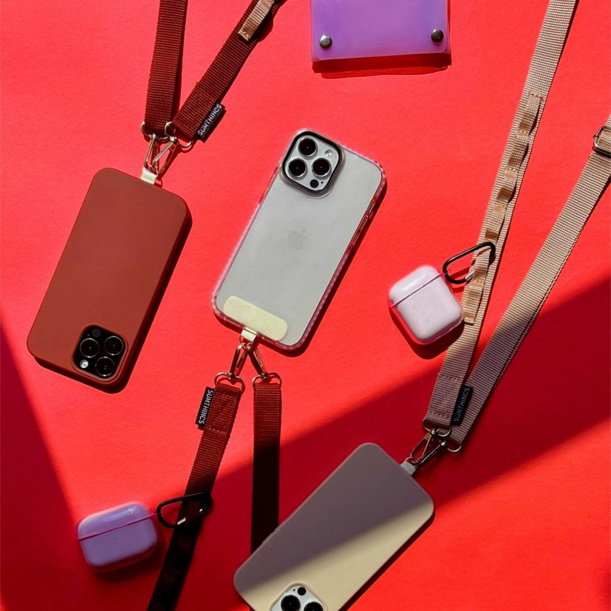 Red and Sand Pink Utility Hoop Strap Telefon Boyun Askısı - SUMTHINCS