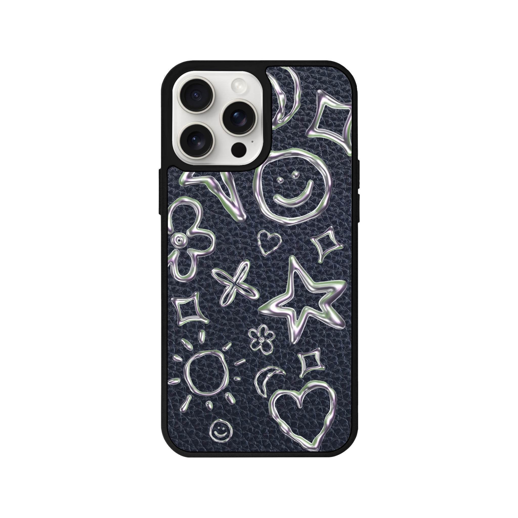 iPhone 14 Plus Silver Doodles Leather Vegan Deri Telefon Kılıfı - SUMTHINCS
