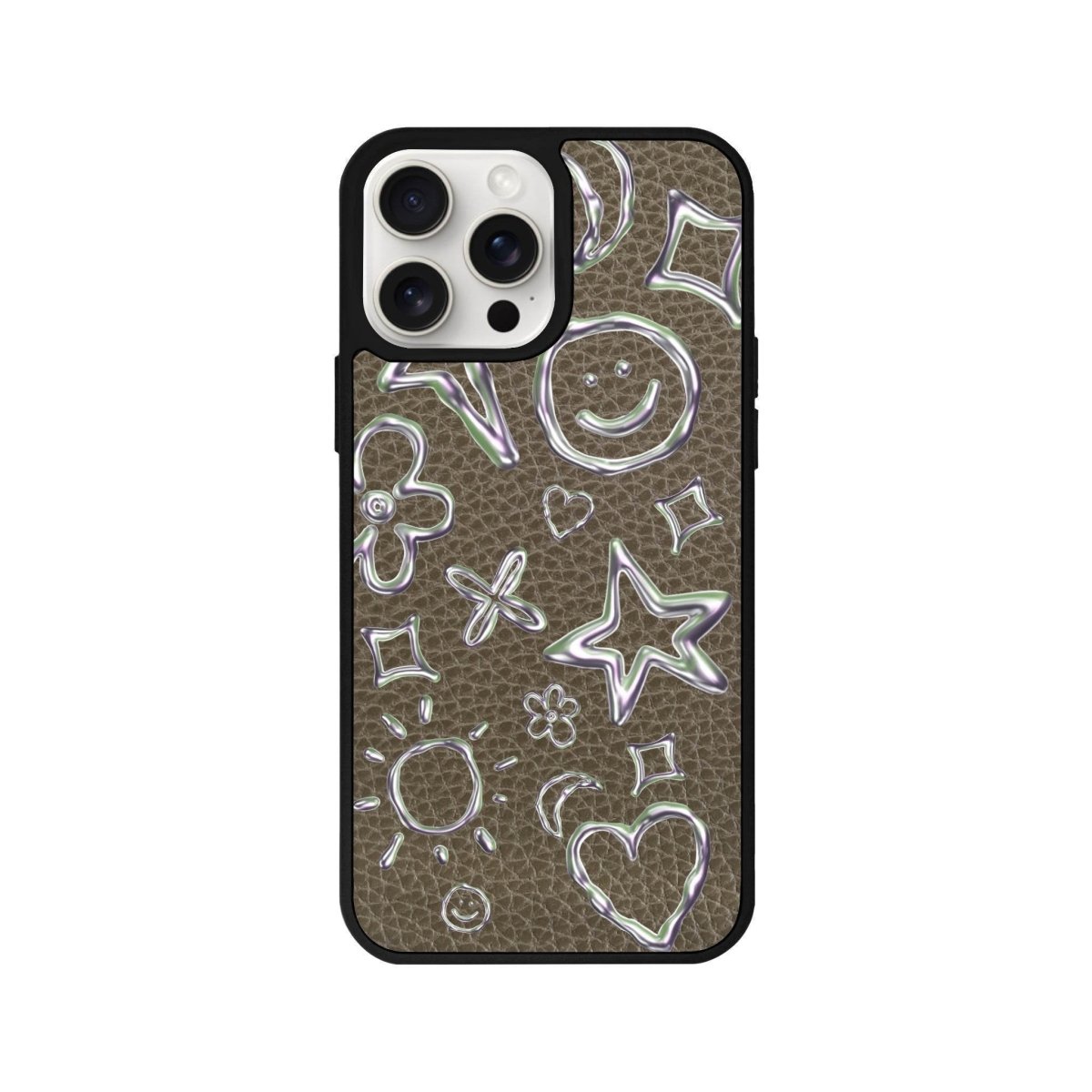 iPhone 14 Plus Silver Doodles Leather Vegan Deri Telefon Kılıfı Haki - SUMTHINCS