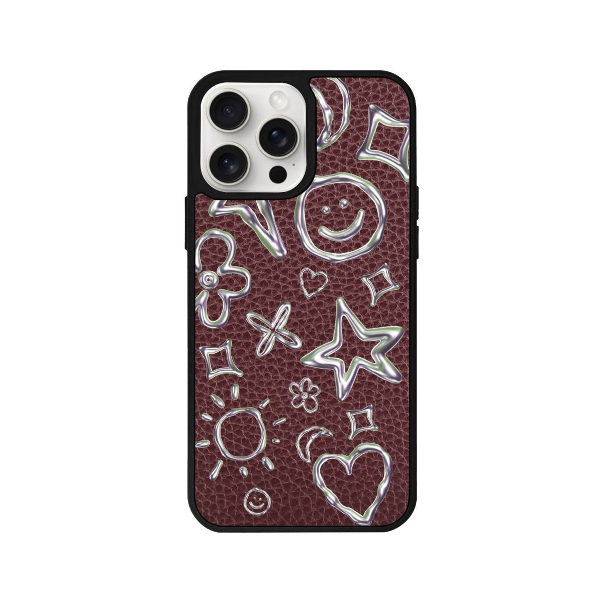 iPhone 14 Plus Silver Doodles Leather Vegan Deri Telefon Kılıfı Bordo - SUMTHINCS