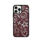 iPhone 14 Plus Silver Doodles Leather Vegan Deri Telefon Kılıfı Bordo - SUMTHINCS