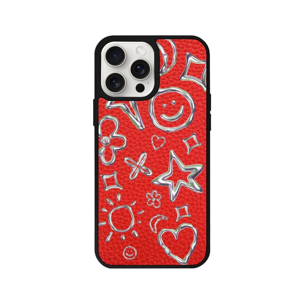 iPhone 14 Plus Silver Doodles Leather Vegan Deri Telefon Kılıfı Kırmızı - SUMTHINCS