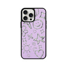 iPhone 14 Plus Silver Doodles Leather Vegan Deri Telefon Kılıfı Lila - SUMTHINCS