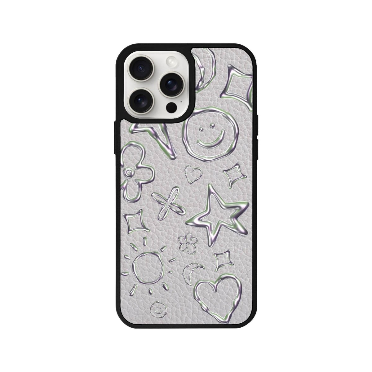 iPhone 14 Plus Silver Doodles Leather Vegan Deri Telefon Kılıfı Gri - SUMTHINCS