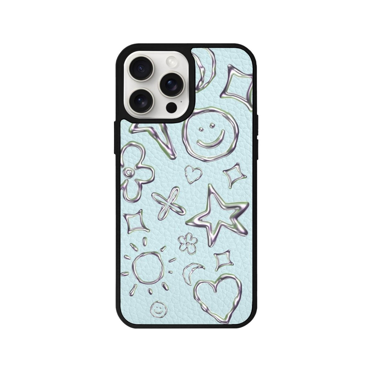 iPhone 14 Plus Silver Doodles Leather Vegan Deri Telefon Kılıfı Açık Mavi - SUMTHINCS