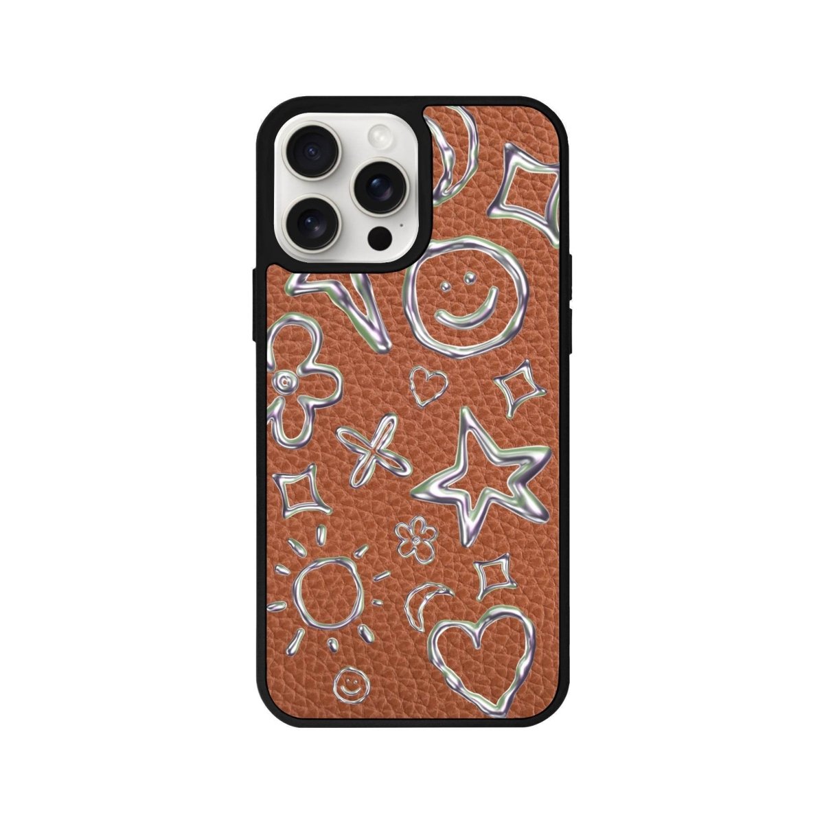 iPhone 14 Plus Silver Doodles Leather Vegan Deri Telefon Kılıfı Kahverengi - SUMTHINCS