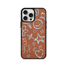 iPhone 14 Plus Silver Doodles Leather Vegan Deri Telefon Kılıfı Kahverengi - SUMTHINCS