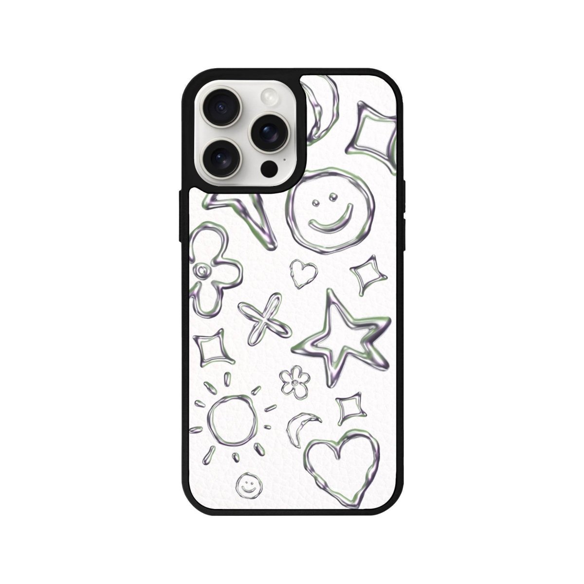 iPhone 14 Plus Silver Doodles Leather Vegan Deri Telefon Kılıfı Beyaz - SUMTHINCS