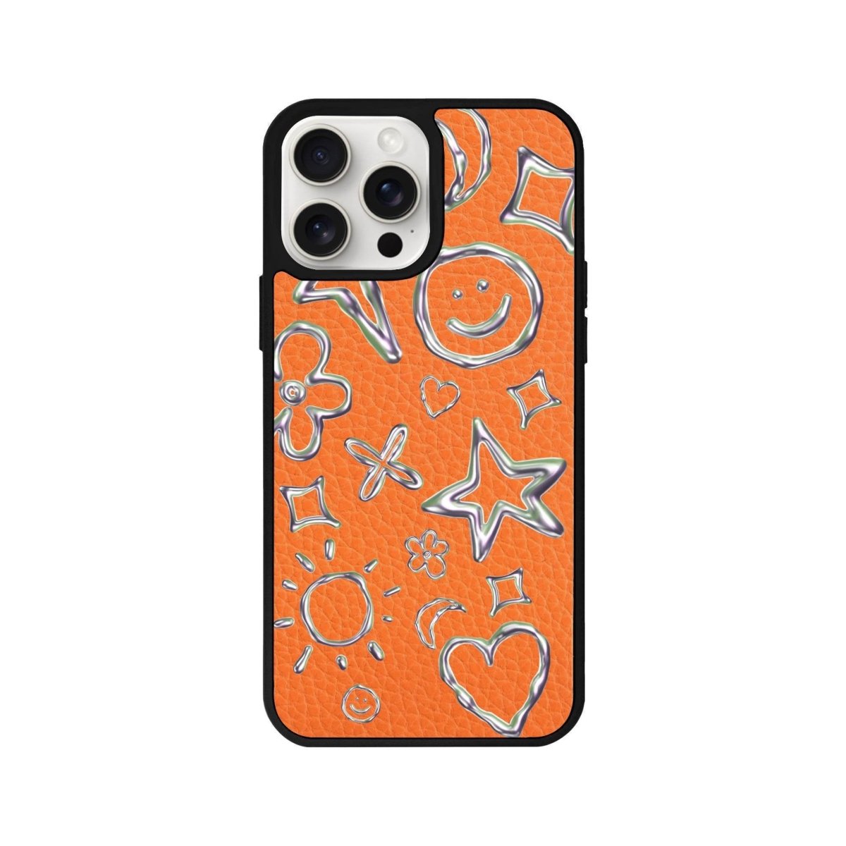 iPhone 14 Plus Silver Doodles Leather Vegan Deri Telefon Kılıfı Turuncu - SUMTHINCS