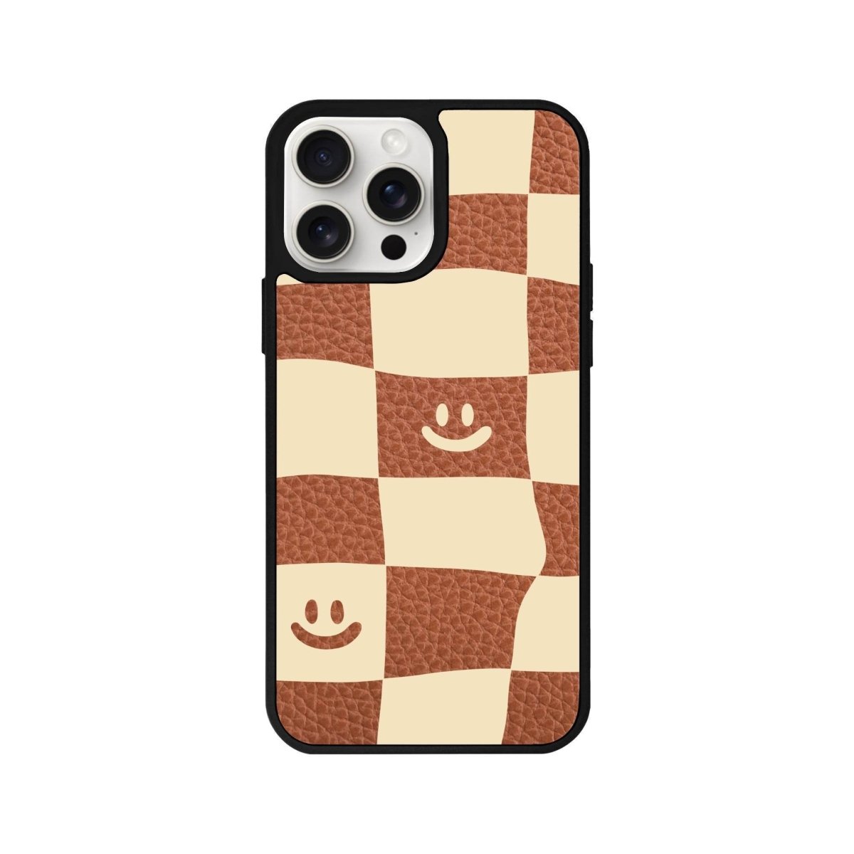 iPhone 14 Plus Smiling Check Leather Vegan Deri Telefon Kılıfı Kahverengi - SUMTHINCS