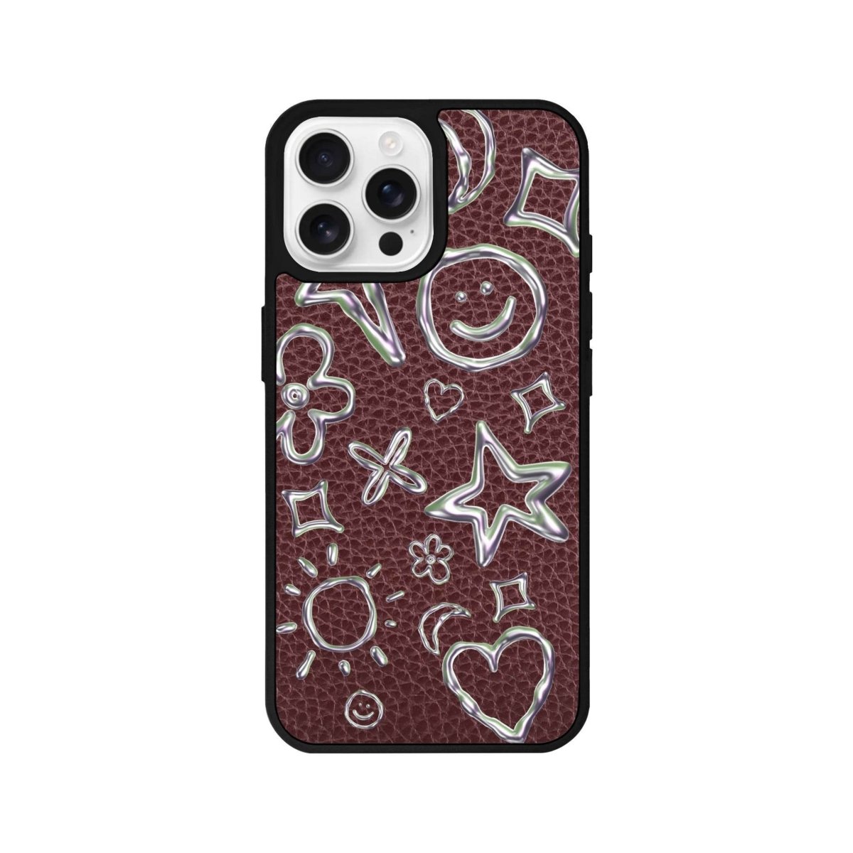 iPhone 16 Pro Silver Doodles Leather Vegan Deri Telefon Kılıfı - SUMTHINCS