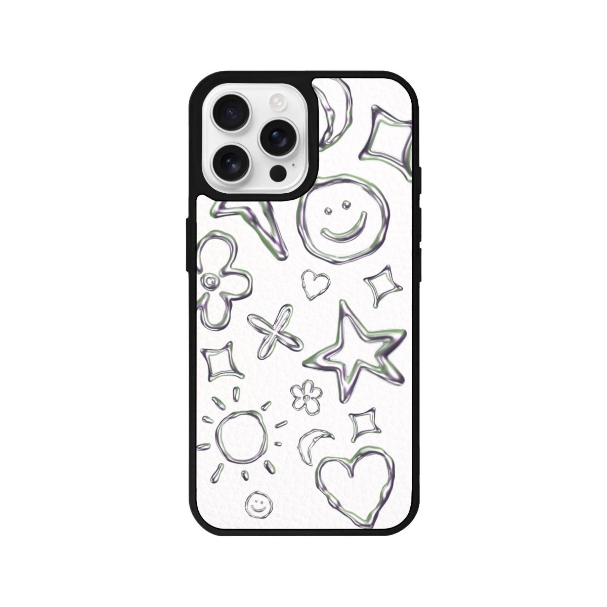 iPhone 16 Pro Silver Doodles Leather Vegan Deri Telefon Kılıfı Beyaz - SUMTHINCS
