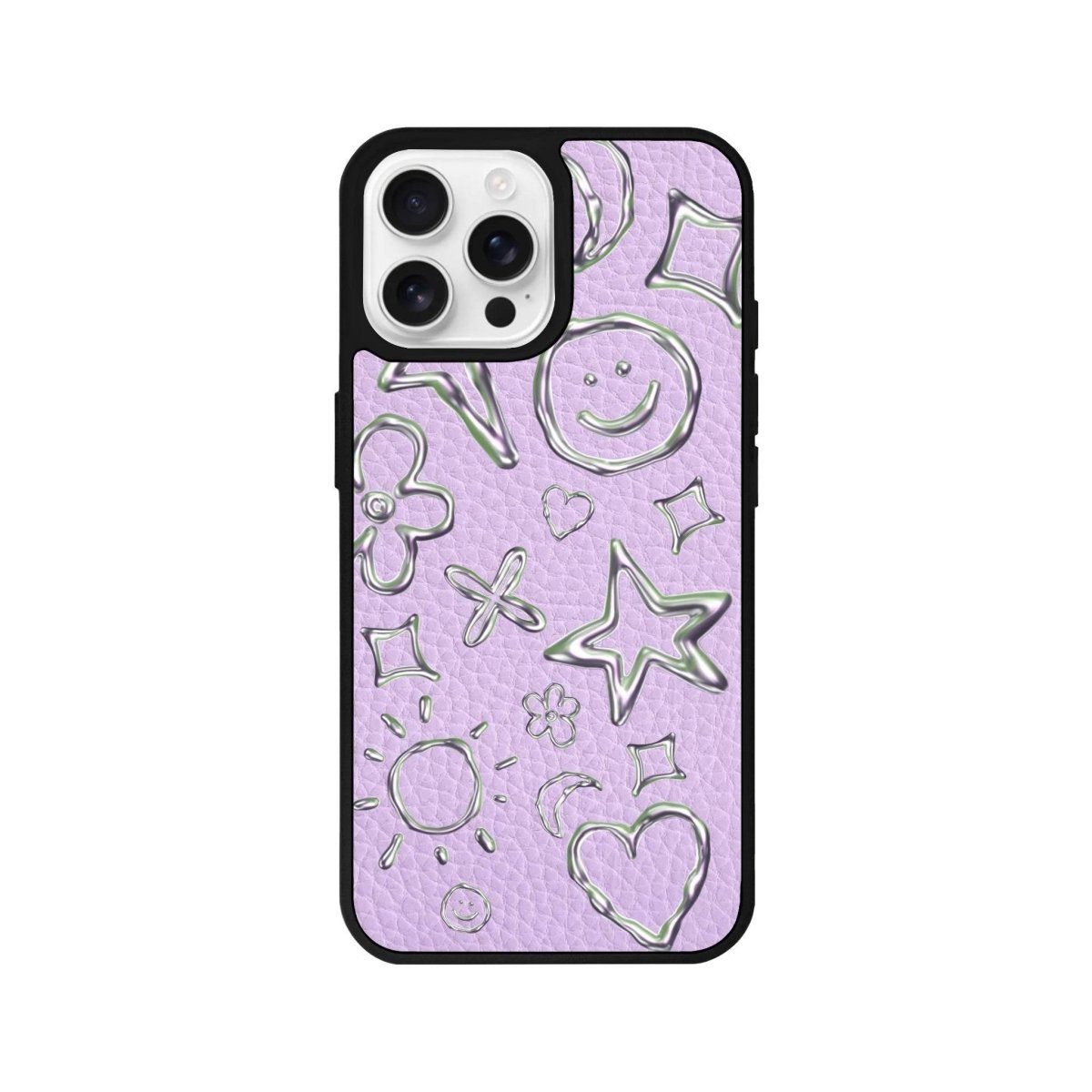 iPhone 16 Pro Silver Doodles Leather Vegan Deri Telefon Kılıfı Lila - SUMTHINCS