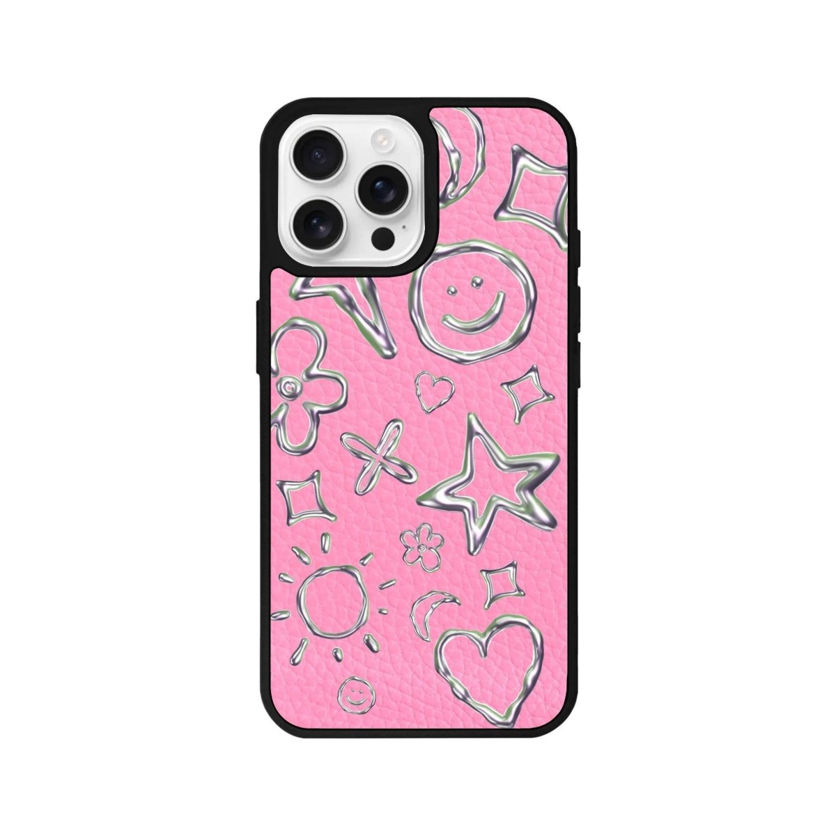 iPhone 16 Pro Silver Doodles Leather Vegan Deri Telefon Kılıfı Pembe - SUMTHINCS