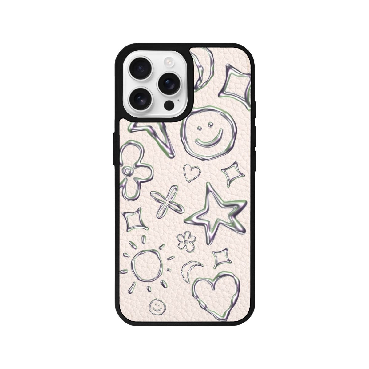 iPhone 16 Pro Silver Doodles Leather Vegan Deri Telefon Kılıfı Bej - SUMTHINCS