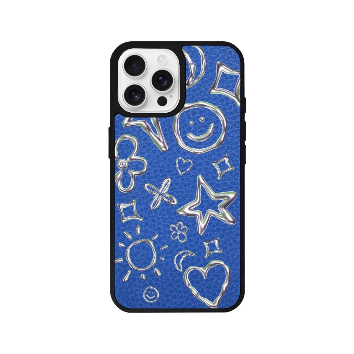 iPhone 16 Pro Silver Doodles Leather Vegan Deri Telefon Kılıfı Mavi - SUMTHINCS