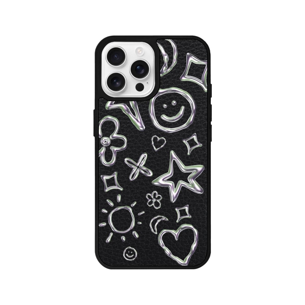 iPhone 16 Pro Silver Doodles Leather Vegan Deri Telefon Kılıfı Siyah - SUMTHINCS