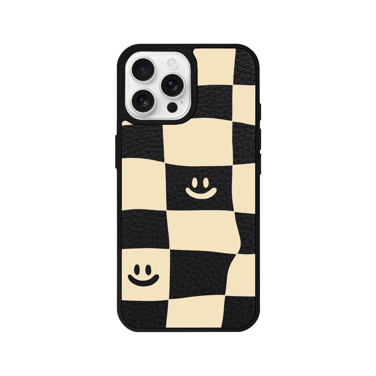 iPhone 16 Pro Smiling Check Leather Vegan Deri Telefon Kılıfı Siyah - SUMTHINCS