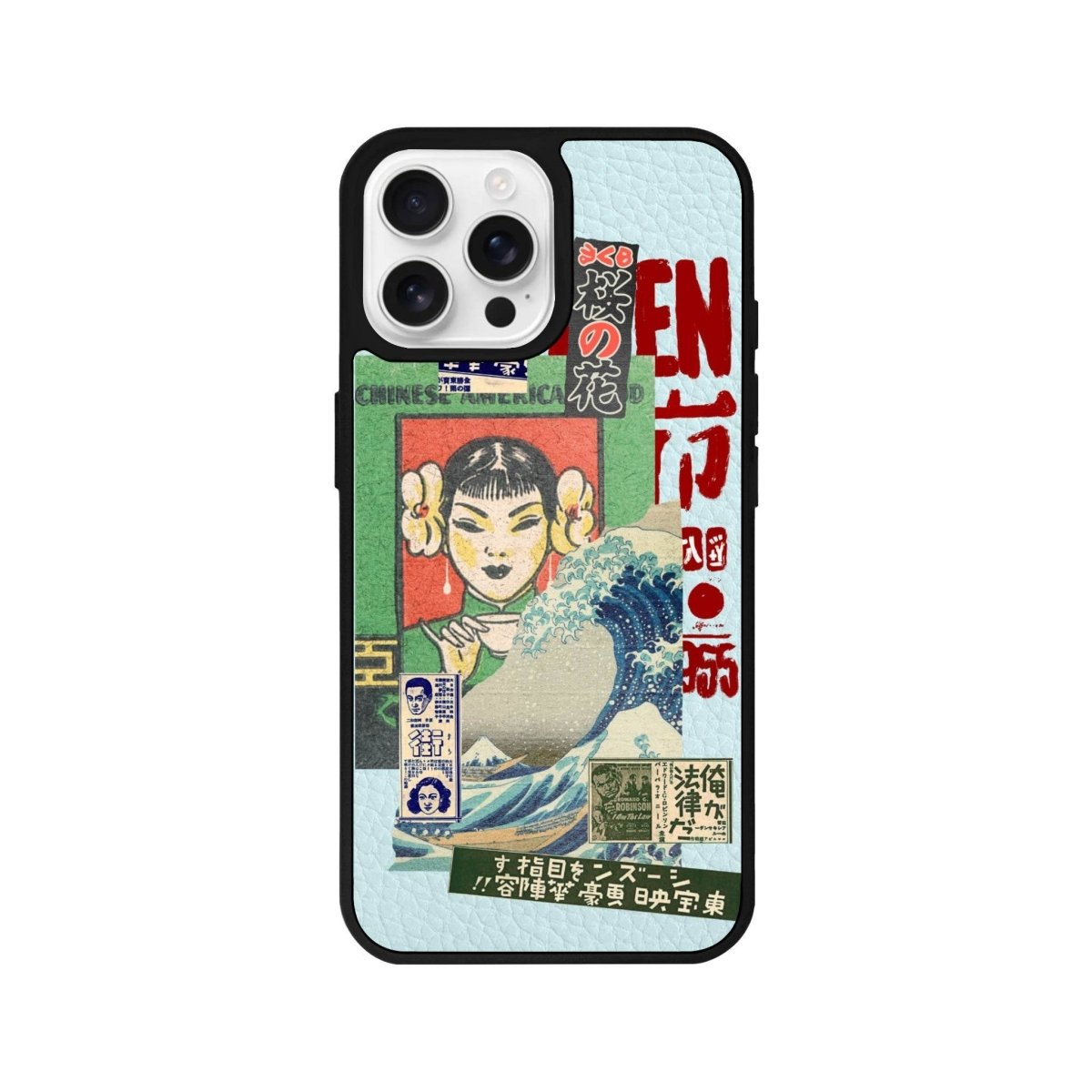 iPhone 16 Pro Vintage Poster Leather Vegan Deri Telefon Kılıfı Açık Mavi - SUMTHINCS