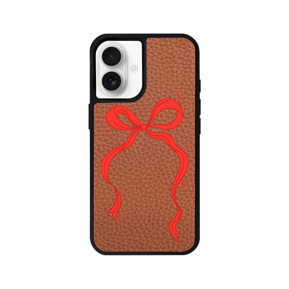 iPhone 16 Red Bow Leather Vegan Deri Telefon Kılıfı Kahverengi - SUMTHINCS