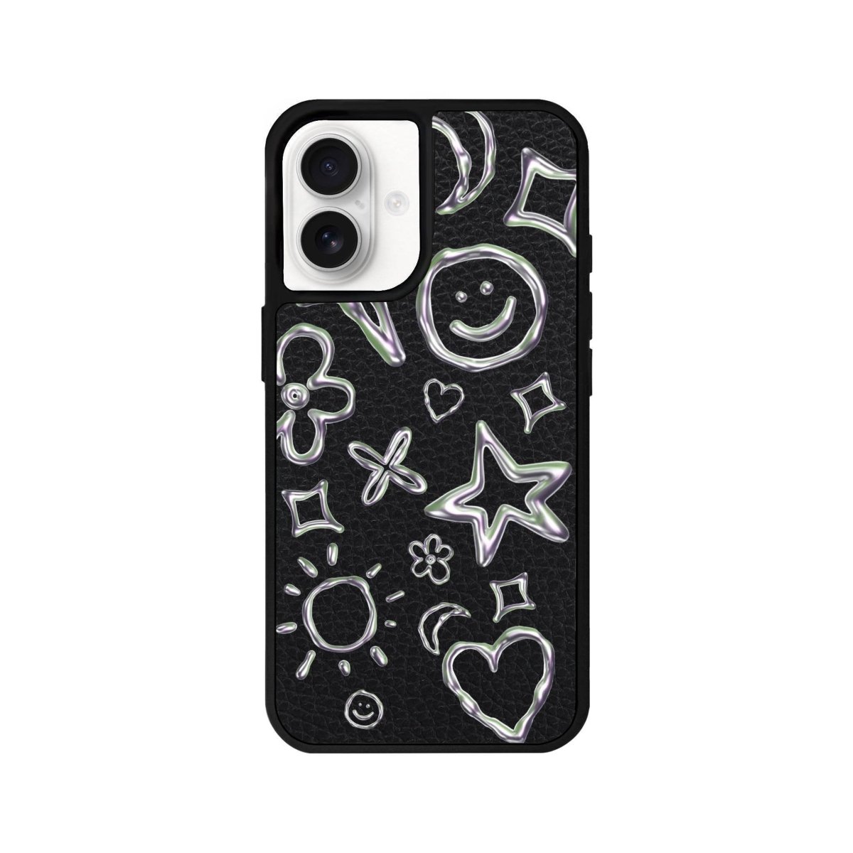 iPhone 16 Silver Doodles Leather Vegan Deri Telefon Kılıfı Siyah - SUMTHINCS
