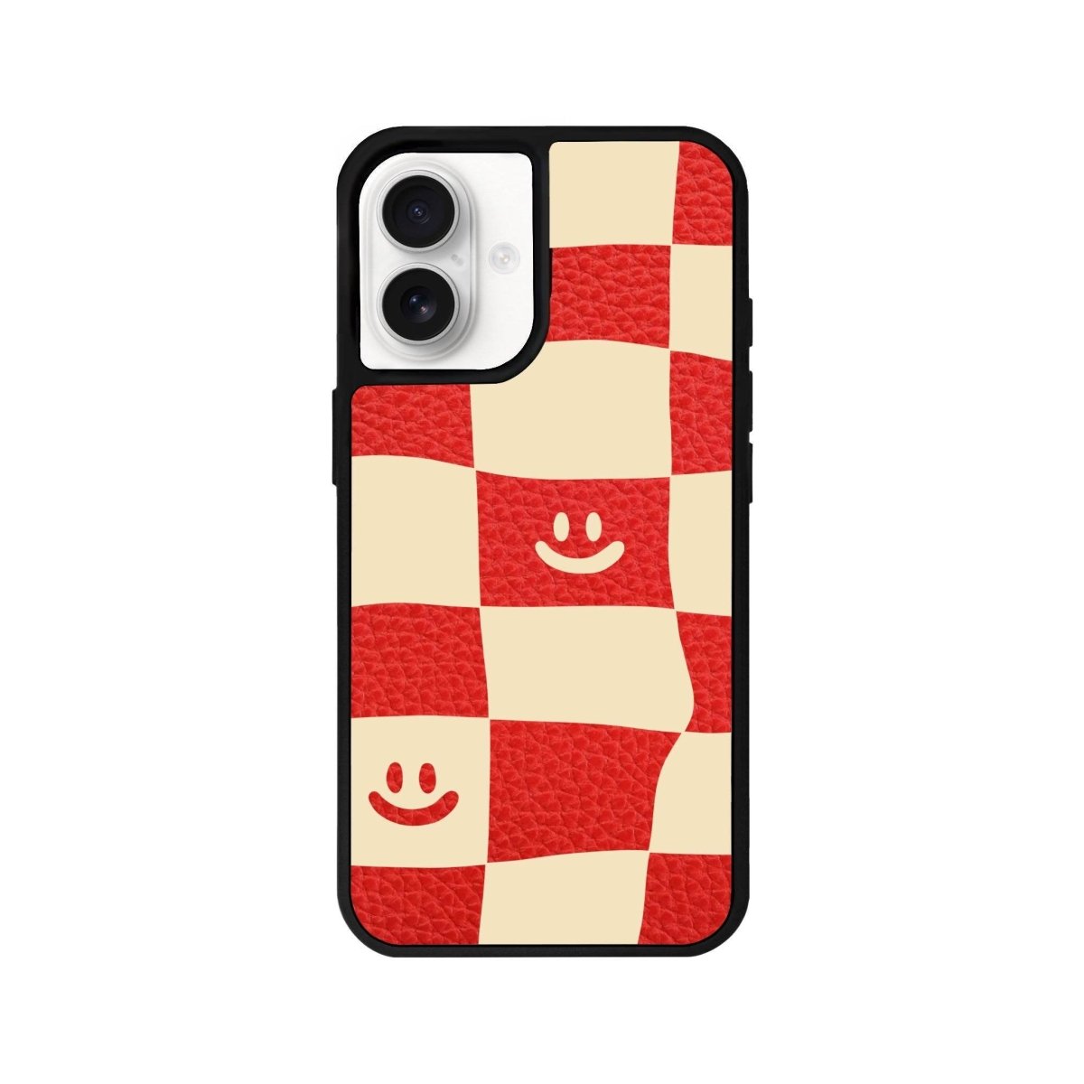 iPhone 16 Smiling Check Leather Vegan Deri Telefon Kılıfı Kırmızı - SUMTHINCS