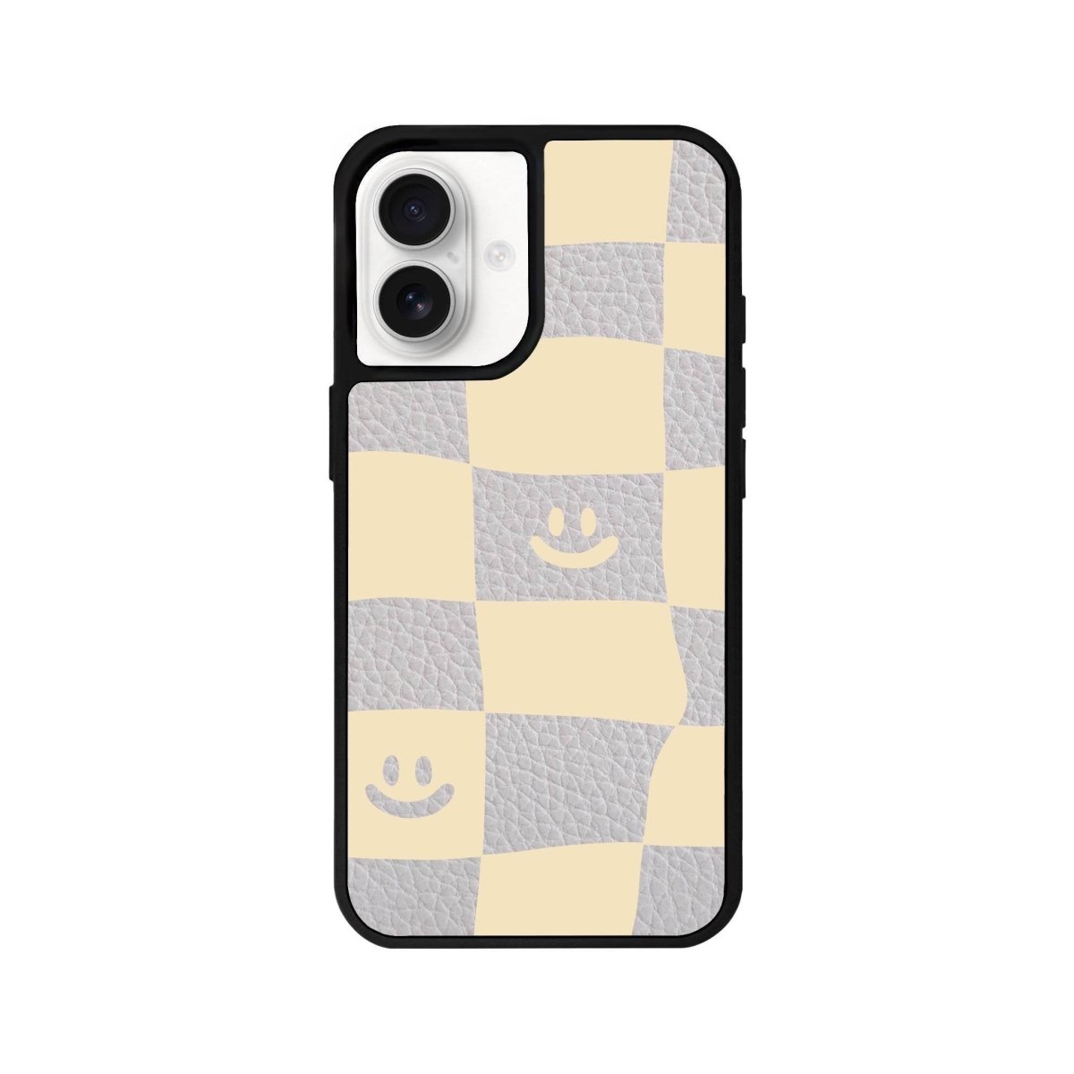 iPhone 16 Smiling Check Leather Vegan Deri Telefon Kılıfı Gri - SUMTHINCS