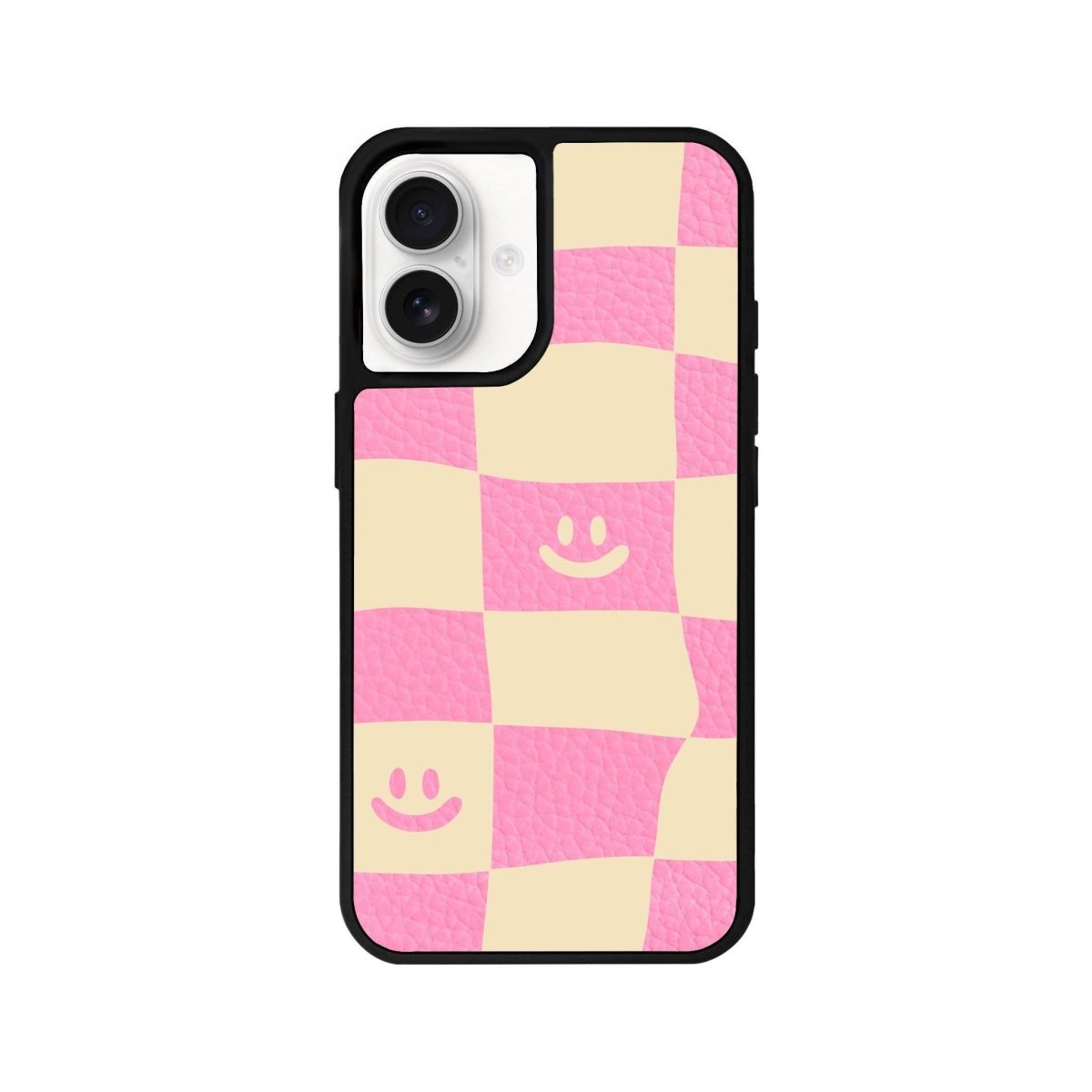 iPhone 16 Smiling Check Leather Vegan Deri Telefon Kılıfı Pembe - SUMTHINCS