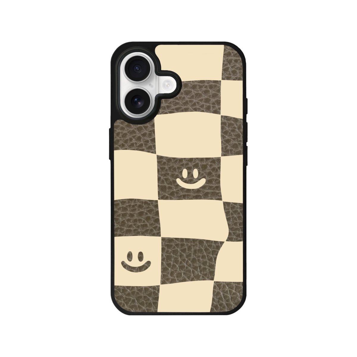 iPhone Smiling Check Leather Deri Telefon Kılıfı Haki - Sumthincs